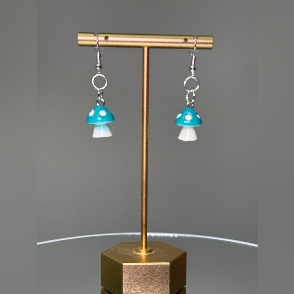 Handcrafted Mushroom Earrings Teal/Blue NWT (Made by me!)